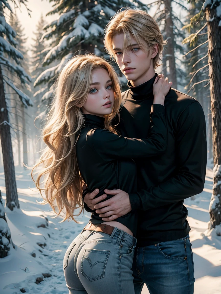 Couple, 1 girl with blonde hair girl, wavy hair, 1 boy with young blonde boy fantasy thief, no bangs, grey eyes. Turtleneck jumper and jeans. black t shirt and jeans, height different, detailed eyes, eyes contact, face, hand. They look at the viewer. They hug. They are near pine trees with snow. Full figure. Background snow forest, couple