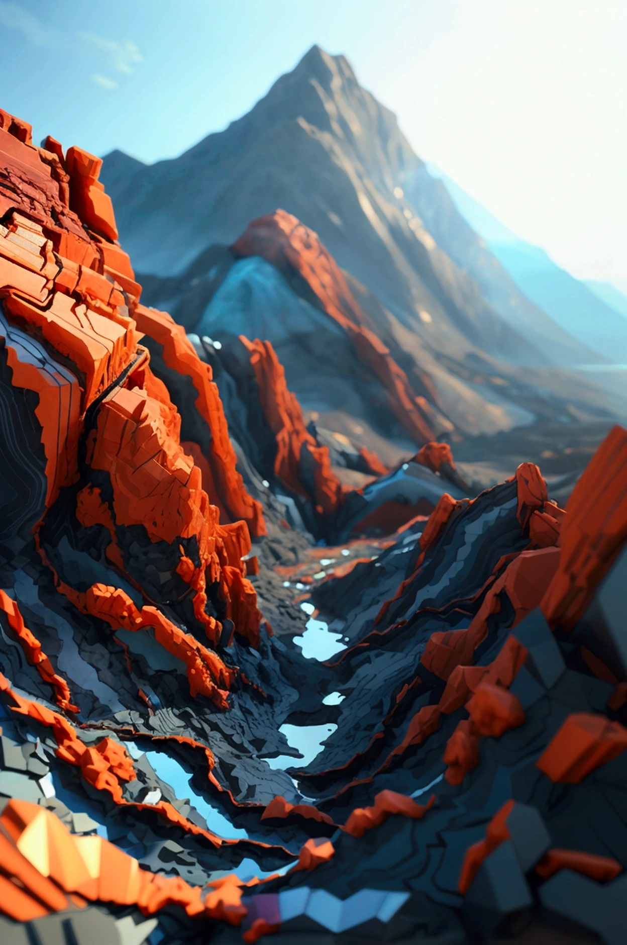 π×(9+2+3)^(2)+1123369853, a mountain made of obsidian and ruby,three quarter wiew, fractal, divergent perspective focal point,((deep wiew)),((changing perspectives)), warped space background, rocky mountains scenario,photographic,ultra high resolution,hyperdetailed, masterpiece, 3d modelling, abstract art.