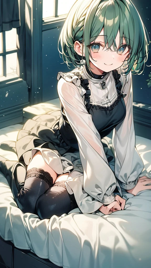 1 girl, loner, room, hugs, toy, Knee-high boots, lacing, short hair, green hair, smile, Cute picture, casual wear, bed, sit on the bed, stockings, window.
ultra quality, details,