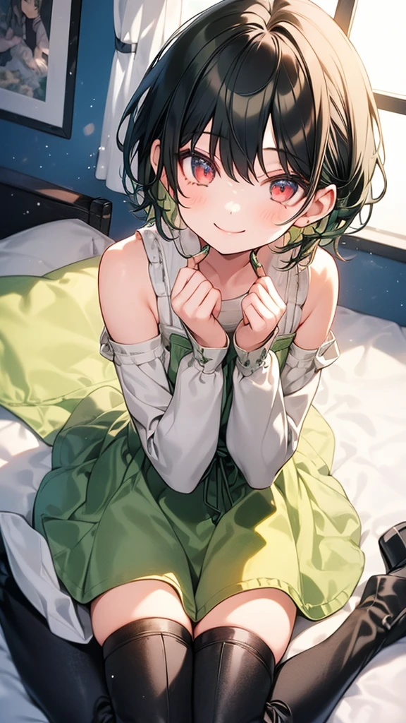 1 girl, loner, room, hugs, toy, Knee-high boots, lacing, short hair, green hair, smile, Cute picture, casual wear, bed, sit on the bed, stockings, window. 
ultra quality, details, 