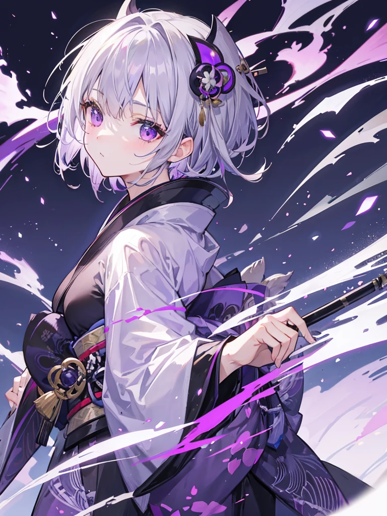 Short Hair、Gray hair with purple tips、Wearing all-black kimono
