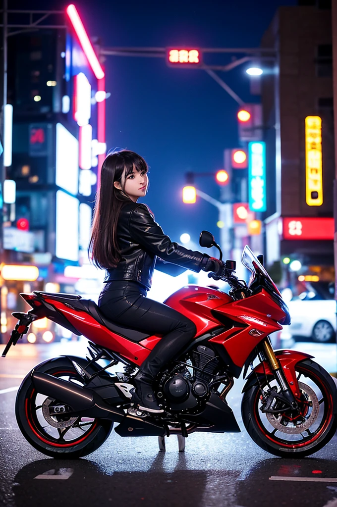 girl rides through the city at night on a motorcycle , hi-tech style, high quality, light from behind