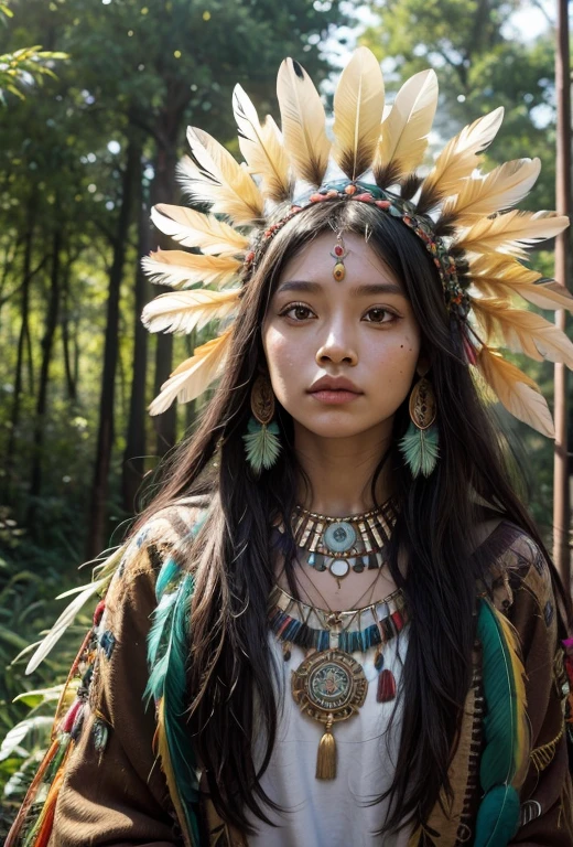 indigenous, colorful feather headdress, at the forest, with white rainbow bird shirt, dark skin and golden sun behind the head, feather necklace, indigenous symbols, wicca, Celta , animals, totem , mayans
