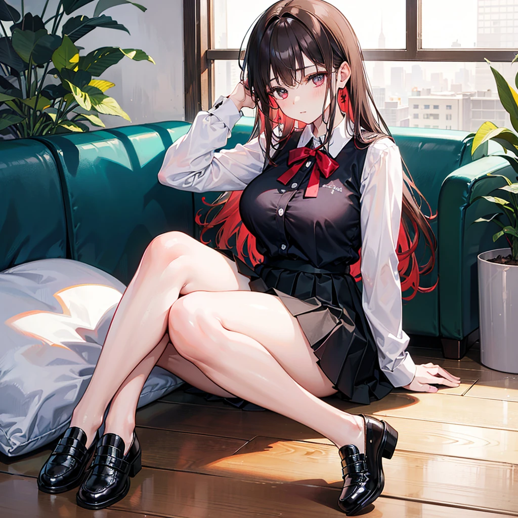 realistic image, detailed image, coherent image, 1 beautiful girl, she has a little long hair, Brown hair with red hair on the fringe that covers her forehead, Bright Reds eyes, shy expression. She is wearing a white button-down shirt, a pleated skirt, black shoes , She has a curvy body, medium-large breasts and very thick thighs, find references to atomic and that it does not have an unnatural pose, She is Sitting in a large and black Sofá, her legs are stretched out, their feet are touching the ground, Her only right hand is touching her right thigh and her left hand is scratching her own neck, background: she is in a house Decorated with formal things, the floor is made of wood, in the background there is a window without curtains that shows a city, Soft focus, full body view, Dramatic shadows, Volumetric lighting, natural lighting,
