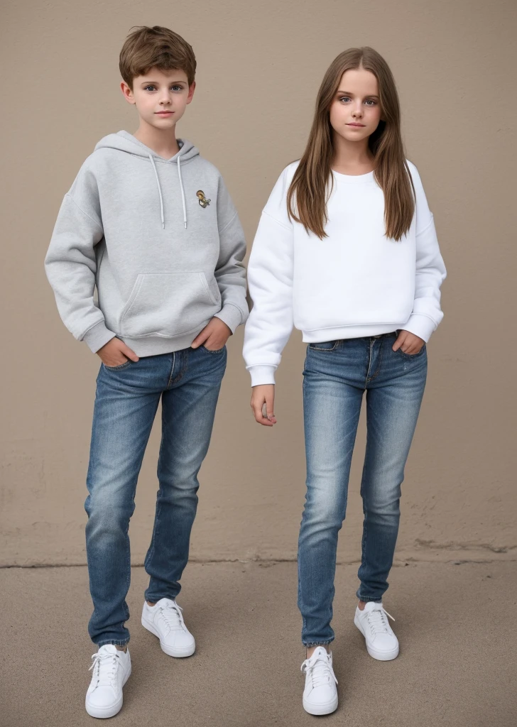 Super realistic. A boy and a 12-year-old girl wearing a straight blouse, round goka sweatshirt, cakca jeans. White fundi.