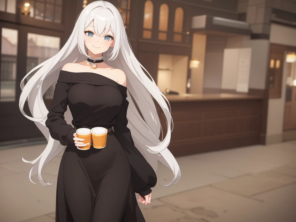 ((best quality)), ((masterpiece)), (detailed), 1 Girl, Off-shoulder sweater, ,Smiled happily,White hair,gentle,Anime style,Long hair,K cup,No hands,Revealing clothes,Showing breasts,on the street