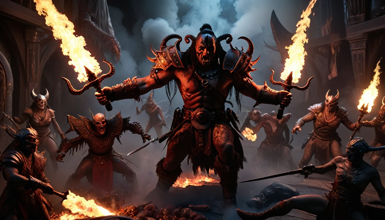 (3D rendering:3.1) in (medium full shot:3.1) in (high-angle aerial view:3.1) of lot of characters from a movie for slave girls from beyond infinity, inspired by Clyde Caldwell and Greg Rutkowski art, barbarian warriors with sword in battles against space creatures, monsters, daemons, aliens, mutant, with explosions, smoke and fire, (with Creepy, Sci-Fi, Fantasy and Horror:2.9) retro sci fi, Horror movie, very detailed body, moody, epic, (intricate details: 2.4), ( hyperdetail: 3.1), (8k resolution: 3.1), (high detail: 4.1), lots of details, high quality, soft light (cinematic: 3.3), masterpiece, dramatic atmosphere, atmospheric perspective, (impactful art: 2.8), rich colors, 3D rendering