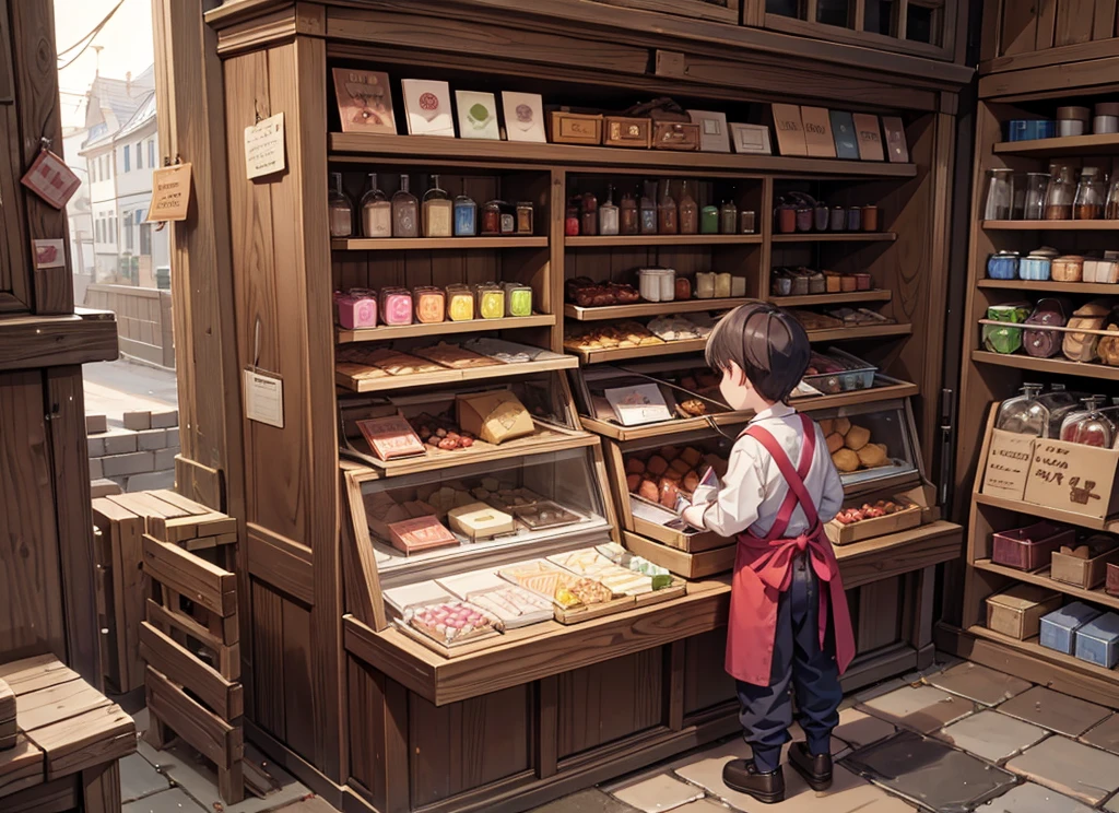 In sweet shop a boy shopkeeper taking the sweet, the confectioner hit the stick and the villager caught the envelope of the sweet.