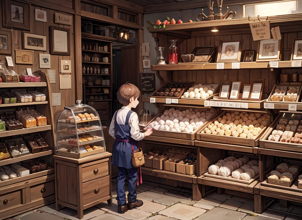 In sweet shop a boy  shopkeeper  taking the sweet, the confectioner hit the stick and the villager caught the envelope of the sweet. 