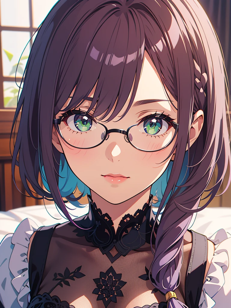 (masterpiece, Best Quality, 1 girl, Alone, intricate details, chromatic aberration), by the wide, purple hair, purple head ornament, purple reflections, , masterpiece de ultra alquiler, official art, beautiful, detailed face, green eyes, purple hair full of color, Glasses, long eyelashes, delicate eyebrows, beautiful red lips, very detailed eyes,high detailed , hip shot up, wearing a black lace blouse with blue buttons