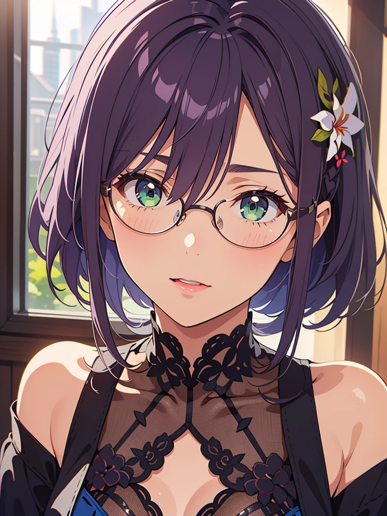 (masterpiece, Best Quality, 1 girl, Alone, intricate details, chromatic aberration), by the wide, purple hair, purple head ornament, purple reflections, , masterpiece de ultra alquiler, official art, beautiful, detailed face, green eyes, purple hair full of color, Glasses, long eyelashes, delicate eyebrows, beautiful red lips, very detailed eyes,high detailed , hip shot up, wearing a black lace blouse with blue buttons