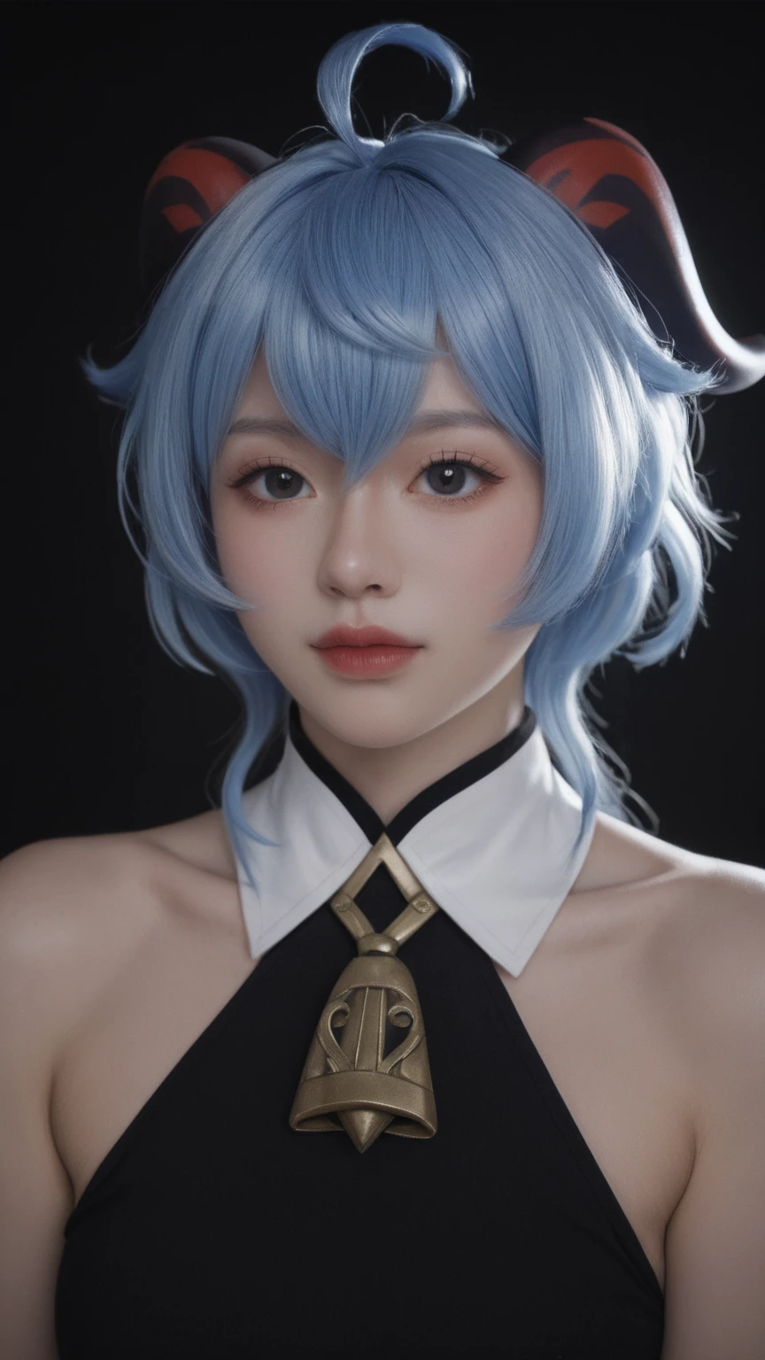 cinematic film, Realistic photograph,realistic, score_9, score_8_up, score_7_up, score_6_up,
 1girl, solo, from front, upper body, Ganyu  \(genshin impact\), black background, makeup, sidelighting, backlighting, glowing, 