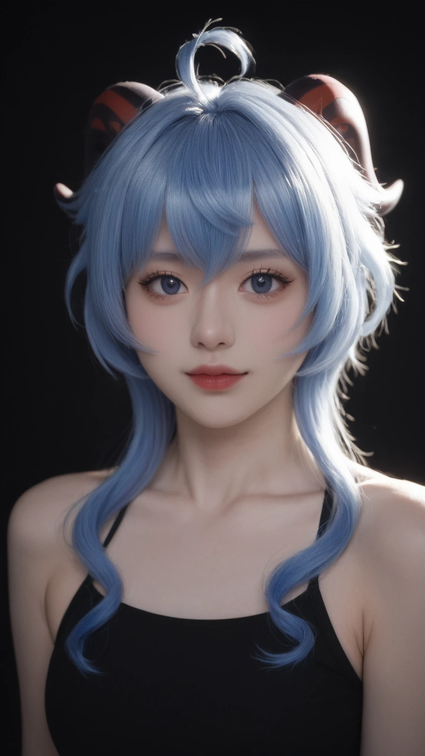 cinematic film, Realistic photograph,realistic, score_9, score_8_up, score_7_up, score_6_up,
1girl, solo, from front, upper body, Ganyu \(genshin impact\), black background, makeup, sidelighting, backlighting, glowing,