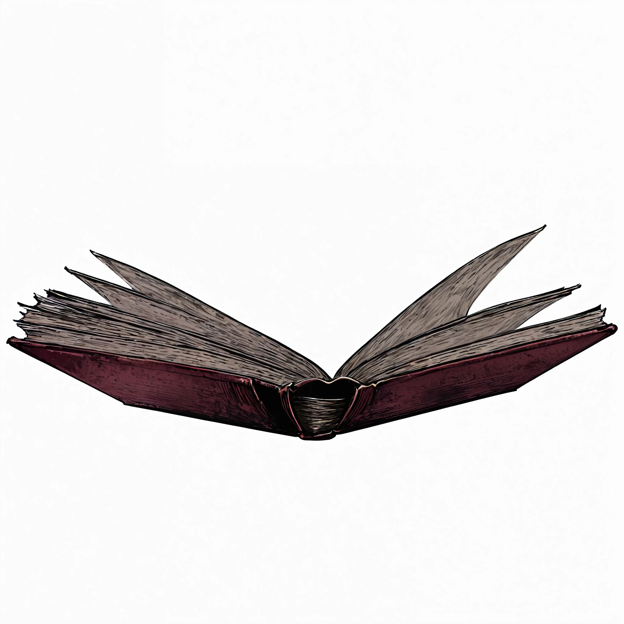 An old open book with dirty maroon cover with blank pages in plain white background, anime and manga style drawing, thick outlines, thick outline drawing, the pages is blank