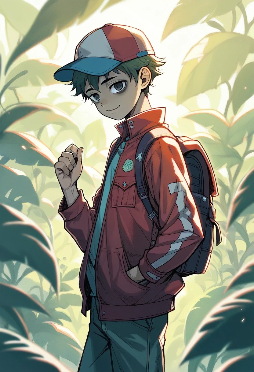 (((Masterpiece))), best quality, cowboy shot, perfect anatomy, realistic face, outdoors, sunny, warm sunlight, ((backlighting)), ((dramatic lighting)), painterly 1boy, (((shota))), wavy hair, solo, red jacket, three quarter view, cap, backpack, hand in pocket, light smile, bags under eyes