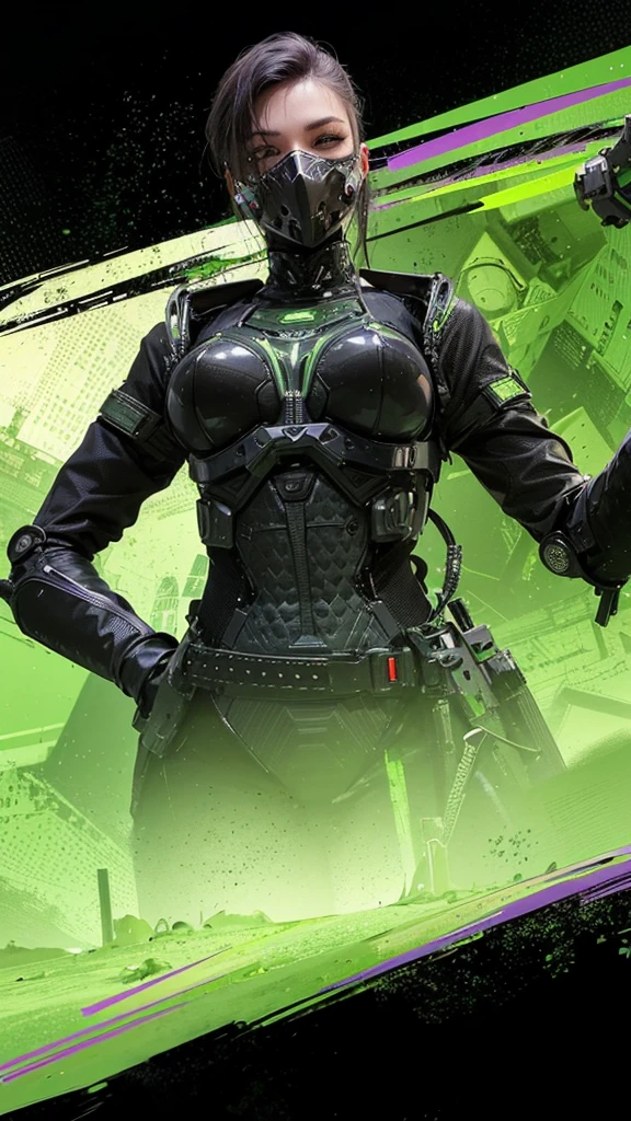 there is a woman in a black suit holding a gun, goth cyber suit, metallic green armor, dressed in stealth armor, green armor, dressed in cybernetic armor, black fire colored reflected armor, bionic armor, cyber suit, cyber fighting armor, Biological armor, cyber suit, corrupted armor, dressed in sci-fi military armor, cyberpunk costume, bionic,sexy.