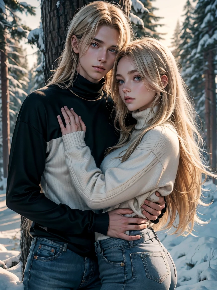 Couple, 1 girl 1 boy, long blonde hair girl, wavy hair, young blonde boy fantasy thief, no bangs, grey eyes. Turtleneck jumper and jeans. black t shirt and jeans, height different, detailed eyes, eyes contact, face, hand. They look at the viewer. They hug. They are near pine trees with snow. Full figure. Background snow forest