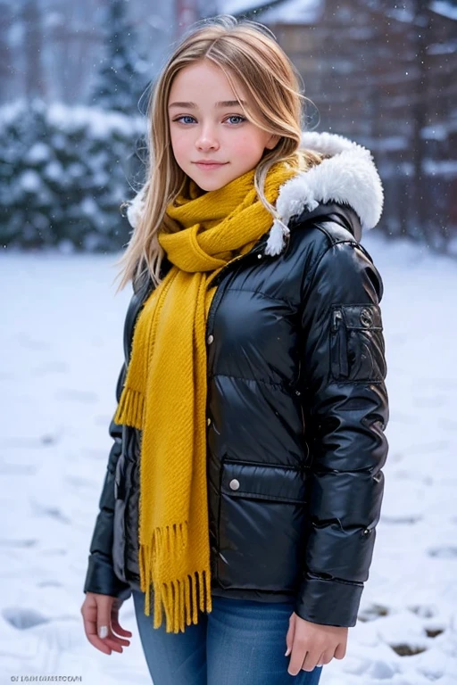 ((Rosto de AlexiaThompson01R)). O rosto de AlexiaThompson01R, 12 years old, emerges from the falling snow, her straight blonde hair capturing the softness of flakes dancing in the wind. Dressed in yellow winter clothes, his jacket and scarf shine like sunbeams against the icy backdrop. Your blue eyes radiate joy and your smile lights up the room, breaking the monotony of the cold day. Her body, enveloped by the warmth of your cold clothes, seems energized by the happiness that overflows. Your posture is arrogant, as if you dare winter to steal your joy. AlexiaThompson01R is more than just a kid in the middle of a Canadian winter; She is an image of hope and renewal, a radiant light amidst the cold darkness.
