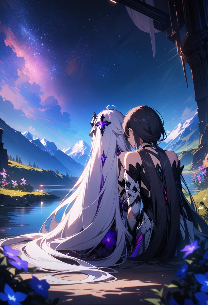 a beautiful detailed yuri scene of 2girls, Kiana Kaslana \(Herrscher of Finality)\ and Raiden Mei \(APHO)\, (Honkai Impact 3rd), very long hair, ponytail, in a scenic landscape with mountains, a lake, and a starry nebula sky, romantic atmosphere, the girls sitting facing away from the camera, head resting on each other's shoulders, (best quality,4k,8k,highres,masterpiece:1.2),ultra-detailed, studio lighting, extremely detailed environment, vibrant colors, cinematic lighting
