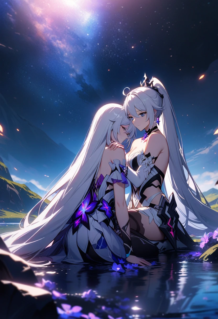 a beautiful detailed yuri scene of 2girls, Kiana Kaslana \(Herrscher of Finality)\ and Raiden Mei \(APHO)\, (Honkai Impact 3rd), very long hair, ponytail, in a scenic landscape with mountains, a lake, and a starry nebula sky, romantic atmosphere, the girls sitting facing away from the camera, head resting on each other's shoulders, (best quality,4k,8k,highres,masterpiece:1.2),ultra-detailed, studio lighting, extremely detailed environment, vibrant colors, cinematic lighting