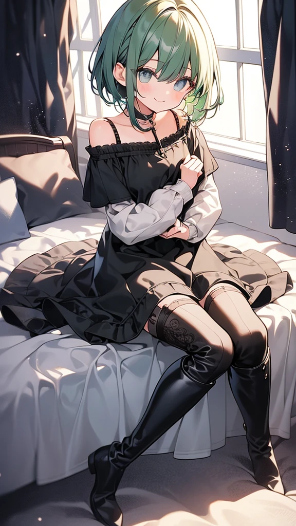 1 girl, high, loner, room, hugs, toy, Knee-high boots, lacing, short hair, green hair, smile, Cute picture, casual wear, bed, sit on the bed, stockings, window.
ultra quality, details,