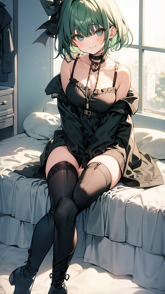 1 girl, high, loner, room, hugs, toy, Knee-high boots, lacing, short hair, green hair, smile, Cute picture, casual wear, bed, sit on the bed, stockings, window. 
ultra quality, details, 