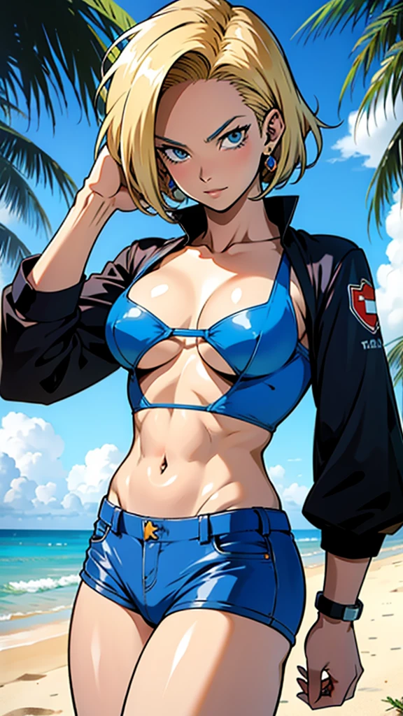 アニメ cel-shading (Android 18), blue bikini, on the beach in ((anime + manga + comics + cartoon) style)
