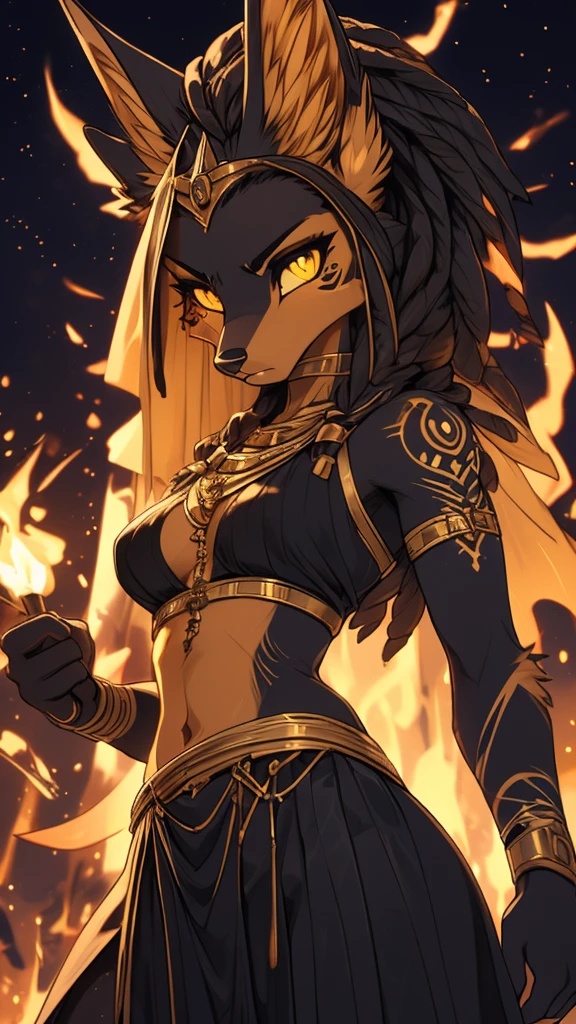 Masterpiece Best quality, the best definition to add aesthetic and lighting details Black girl jackal, egiptian clothes, girl, ,black body, ( the best definition in the body, good attributes, styled body, slanted eyes, sensual look) egipt landscape, golden tattoo body, sensual eyes, yellow pupil, combat pose, angry