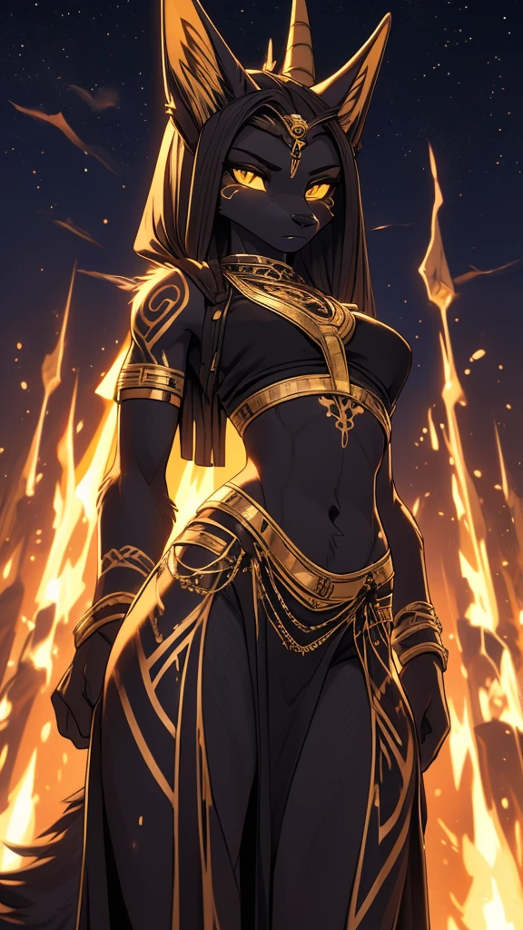 Masterpiece Best quality, the best definition to add aesthetic and lighting details Black girl jackal, egiptian clothes, girl, ,black body, ( the best definition in the body, good attributes, styled body, slanted eyes, sensual look) egipt landscape, golden tattoo body, sensual eyes, yellow pupil, combat pose, angry