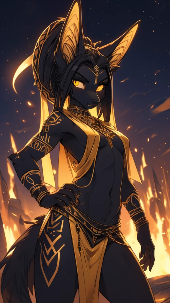 Masterpiece Best quality, the best definition to add aesthetic and lighting details Black girl jackal, egiptian clothes, teen girl, ,black body, ( the best definition in the body, good attributes, styled body, slanted eyes, sensual look) egipt landscape, golden tattoo body, sensual eyes, yellow pupil, combat pose, angry