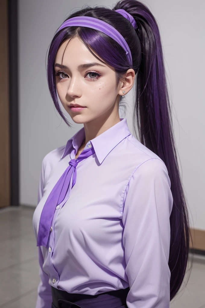 A female character with a ponytail and a purple headband covering her eyes, blue blouse is purple white face with spots on both purple eyes