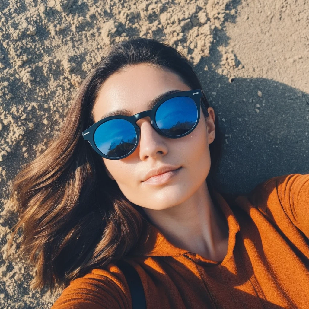 regardant droit vers la caméra coté gauche, grain de film, Texture de la peau, Instagram gros plan selfie lunette de soleil d&#39;a heart necklace,F/1.8,porter une chemise à col roulé, beau sourire, black har, outdoor beach with sea, blue sky and sun