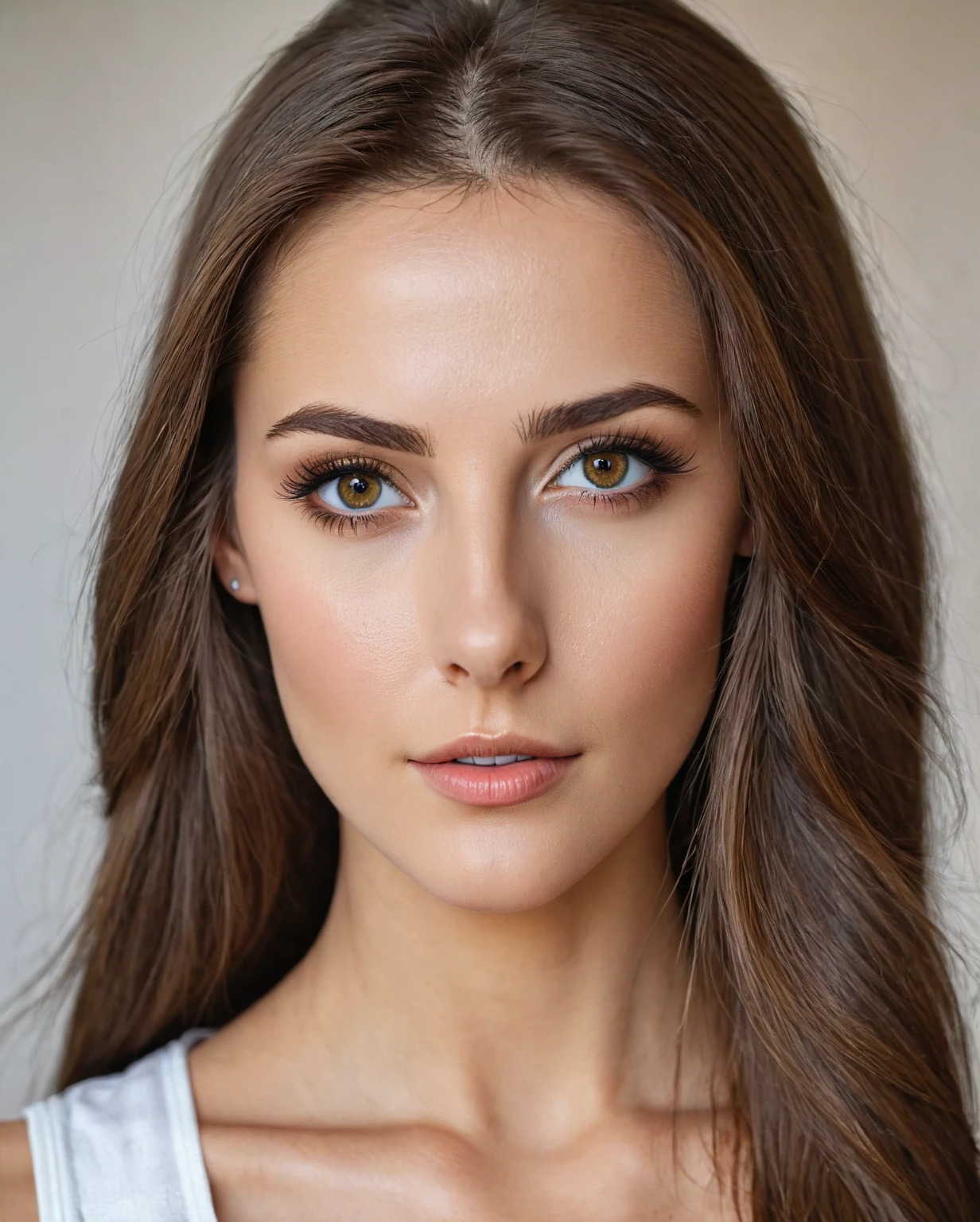 Extreme Beautiful woman from austria, realistic eyes, hyperrealistic face, slim face, long brown hair, 27 years old