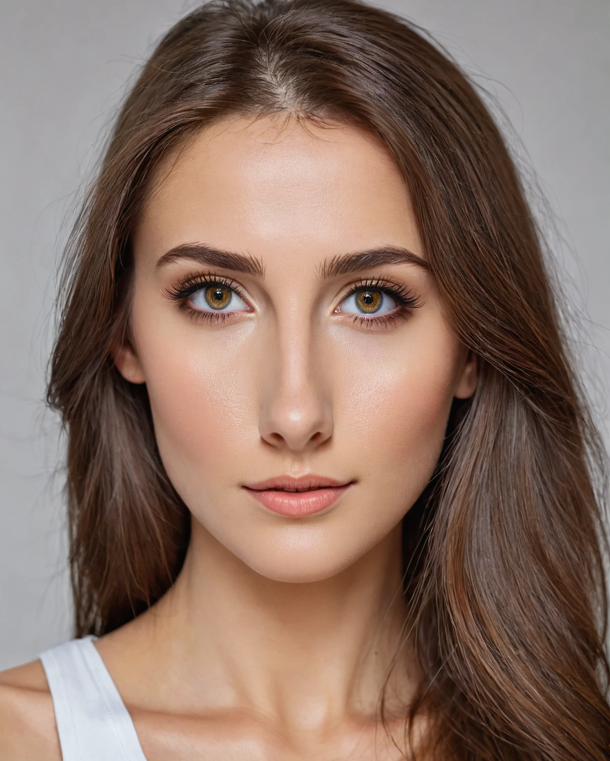 Extreme Beautiful woman from austria, realistic eyes, hyperrealistic face, slim face, long brown hair, 27 years old