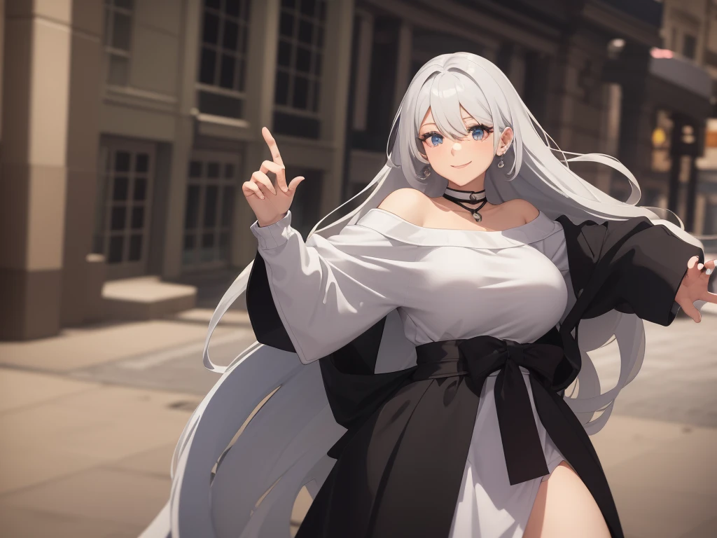 ((best quality)), ((masterpiece)), (detailed), 1 Girl, Off-shoulder sweater, ,Smiled happily,White hair,gentle,Anime style,Long hair,K cup,Both hands behind the back,Revealing clothes,Showing breasts,on the street,There is a bulge on the chest