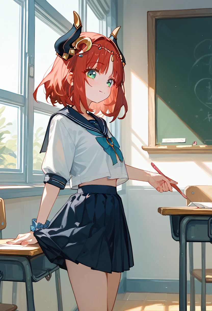 masterpiece,High resolution nilou,One girl,Sailor suit,classroom,Red Hair,Short Hair,high school girl,Pull up your skirt,nsfw,pants