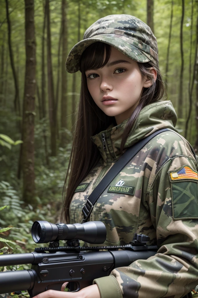 best qualityer, work of art, Super high resolution, 1 young boy, 18 year old young woman, camouflage clothes, forest around you, camouflaged and hidden like a real sniper, skin fair, young soldier appearance, looking straight ahead, sniper position with a sniper.