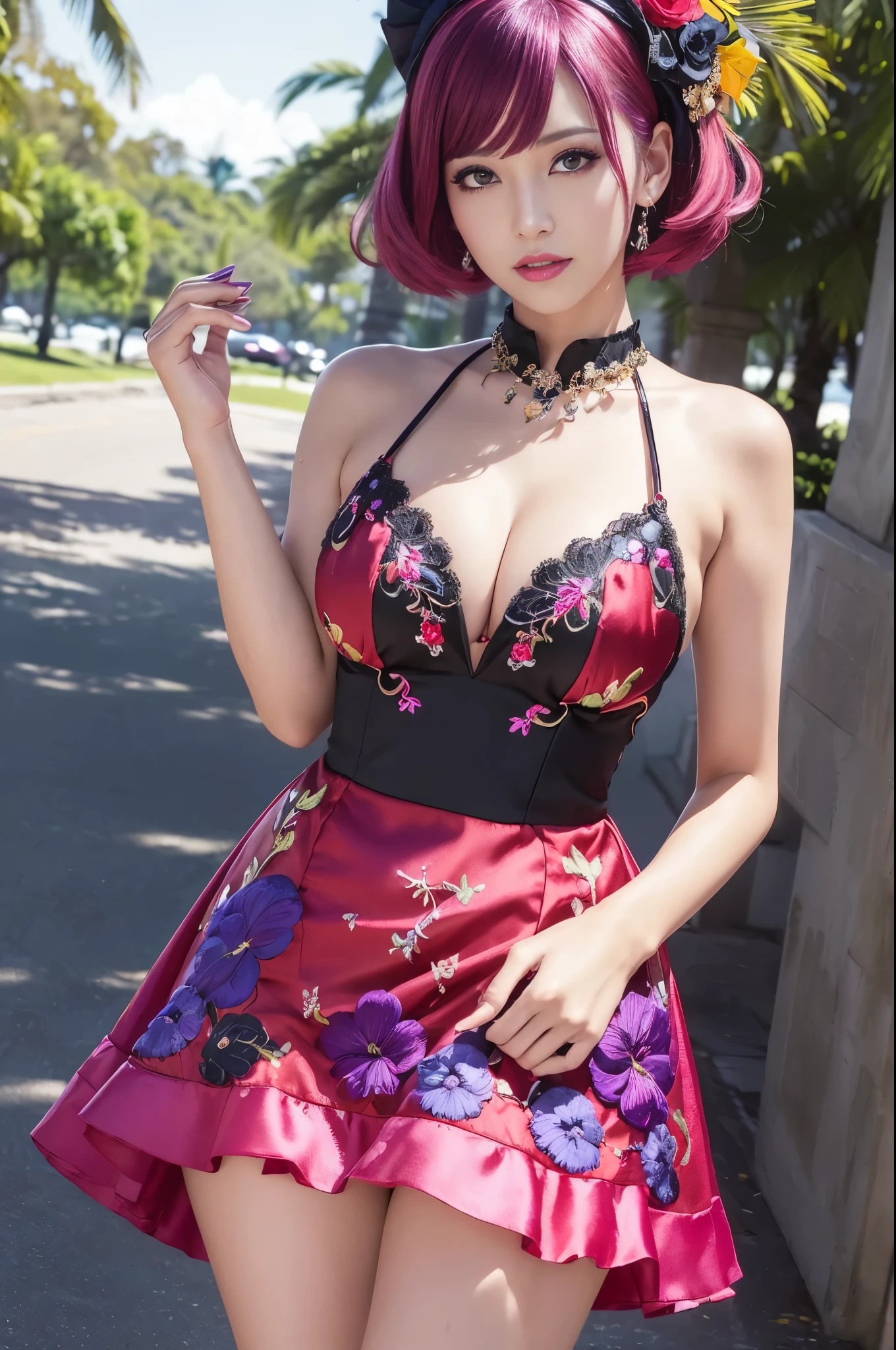 (masterpiece:1.4), (best quality:1.4), ultra high res, ultra high resolution, ((detailed facial features)), HDR, (realistic, photorealistic, photo-realistic:1.37), full body Esbian, sexy Indonesian model, (-anime), vivid colors, ((vivid colors multicolor (pink, red, purple) very short hair)), (happy smile), lip-gloss, long lashes, ultra detailed metallic makeup, defined eyebrows, wearing large sparkling colorful jewelery, (wearing a red silk Paradise Kiss cosplay dress with black floral embroidery), ((vivid colors outfit)), vivid colors, look at the camera, cinematic light, large park background with trees, sweet and sexy pose
