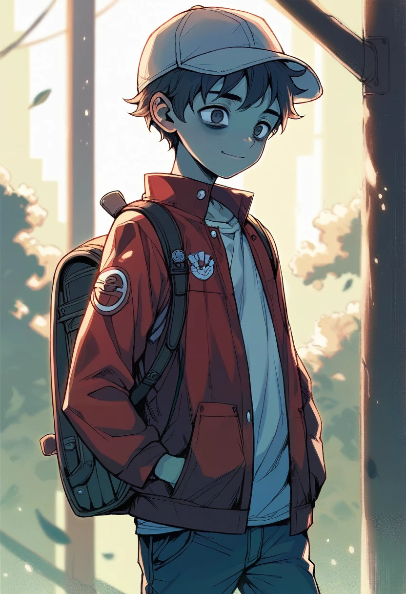 (((Masterpiece))), best quality, cowboy shot, perfect anatomy, realistic face, outdoors, sunny, warm sunlight, backlighting, dramatic lighting, painterly 1boy, (((shota))), wavy hair, solo, red jacket, three quarter view, cap, backpack, hand in pocket, light smile, bags under eyes