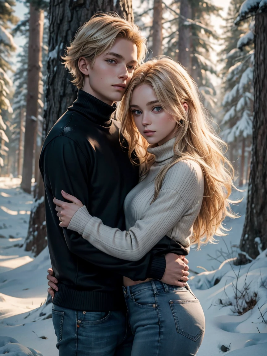 Couple, 1 girl with blonde hair girl, wavy hair, 1 boy with young blonde boy fantasy thief, no bangs, grey eyes. Turtleneck jumper and jeans. black t shirt and jeans, height different, detailed eyes, eyes contact, face, hand. They look at the viewer. They hug. They are near pine trees with snow. Full figure. Background snow forest