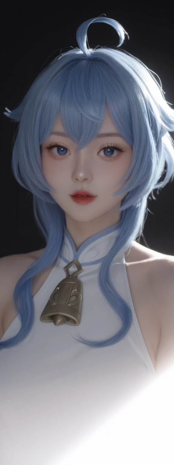 score_9, score_8_up, score_7_up, score_6_up,
 1girl, solo, from front, upper body, Ganyu  \(genshin impact\), black background, makeup, sidelighting, backlighting, glowing, 