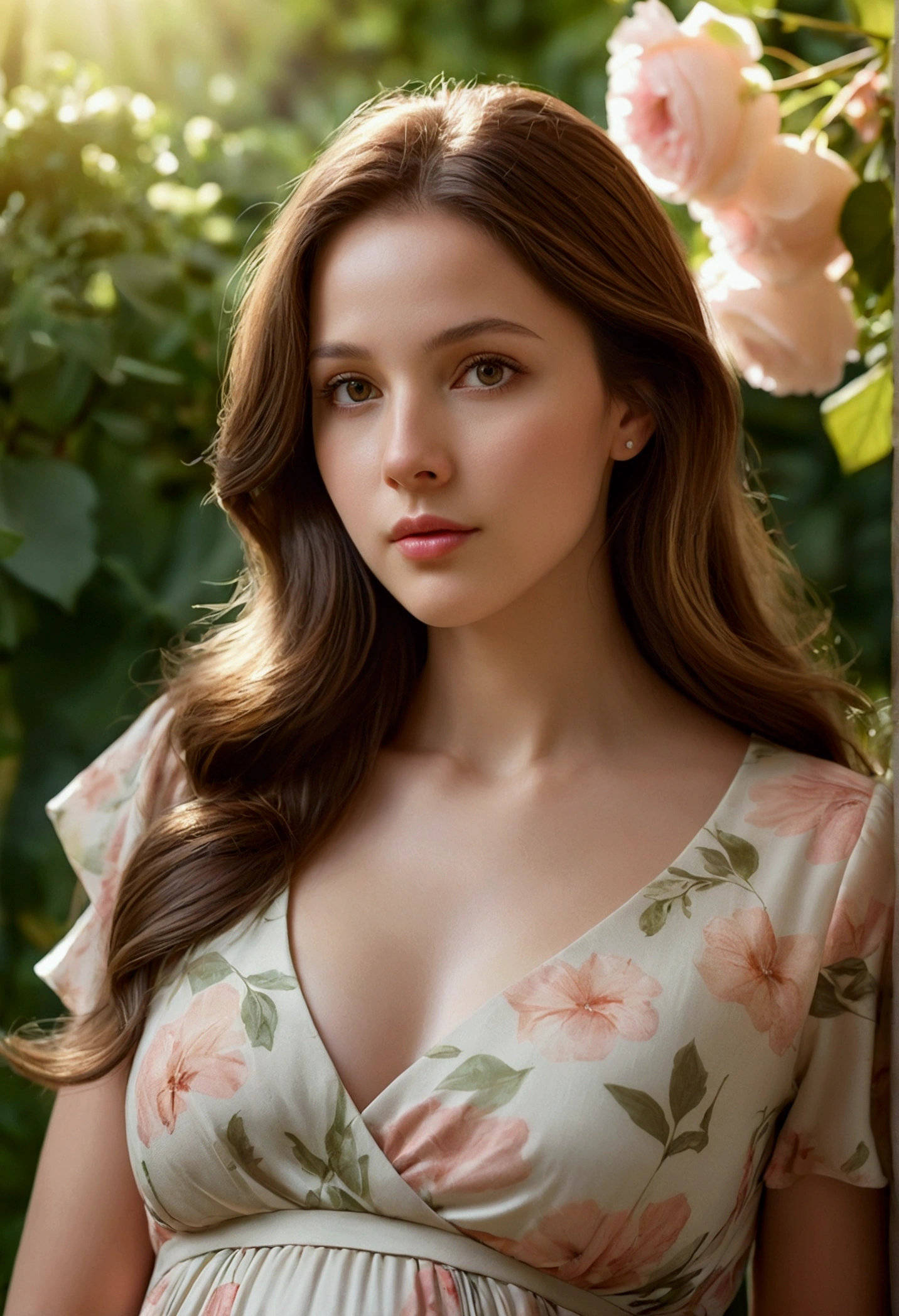 pregnant woman, detailed facial features, gorgeous eyes, delicate lips, long brown hair, Radiant skin, serene expression, elegant posture, floral Dress, sunlit garden, lush foliage, soft lighting, subdued colors, dreamlike atmosphere, pictorial style, 4K, best qualityer, photorrealistic, highy detailed