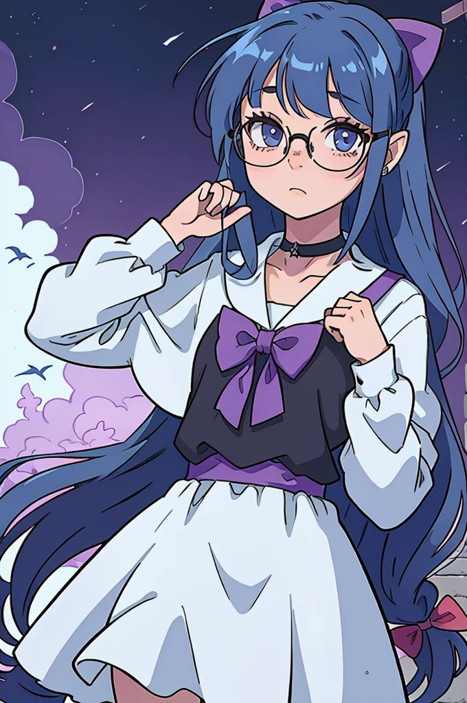 This is a closeup of an anime girl standing with her hand on her head, 1 girl, alone, freckles, glasses, blue hair, long hair, pointed ears, round glasses, hair bow, "purple bow on head" clear", choker, black choker, bangs. He drowned. :)