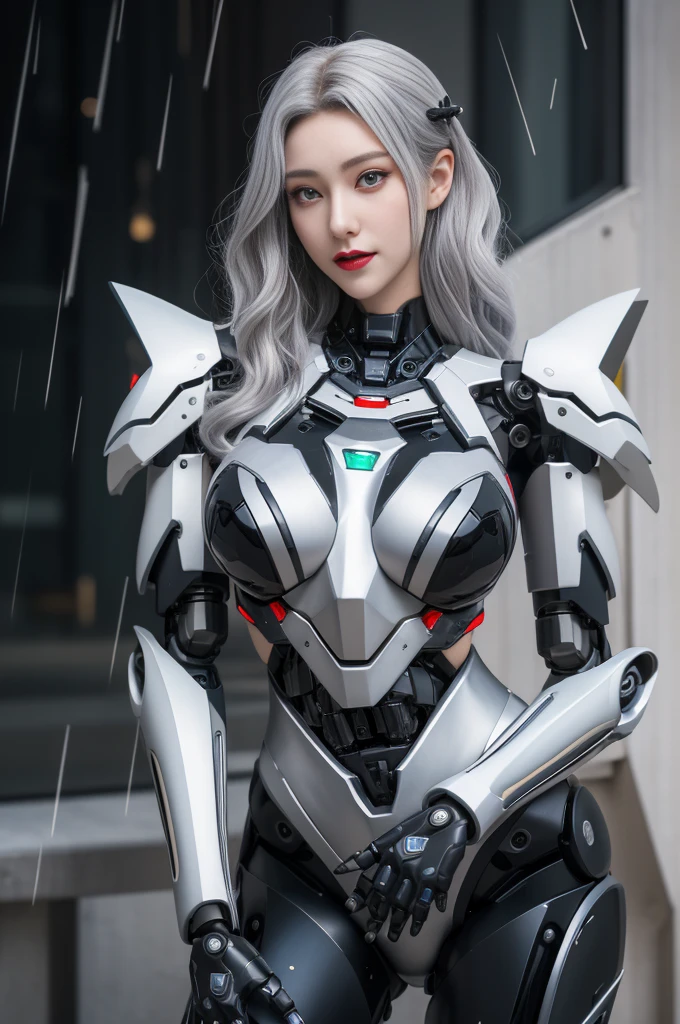 Super Detail, High Detail, high quality, best quality, High resolution，1 female robot，Beautiful female robot,beautiful clear face(Rain waves_haneame：1.5)， Realistic, High resolution, Soft Light,Hips up, (Detailed face), silver hair, long hair, Mecha Maiden, Colorful mechanical parts, mechanical joint, Thick mechanical armor(Highlight breast curves),Weaponry, black metal body, Technology Antenna Hair Accessories