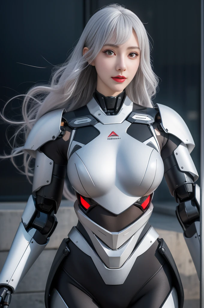 Super Detail, High Detail, high quality, best quality, High resolution，1 female robot，Beautiful female robot,beautiful clear face(Rain waves_haneame：1.5)， Realistic, High resolution, Soft Light,Hips up, (Detailed face), silver hair, long hair, Mecha Maiden, Colorful mechanical parts, mechanical joint, Thick mechanical armor(Highlight breast curves),Weaponry, black metal body, Technology Antenna Hair Accessories