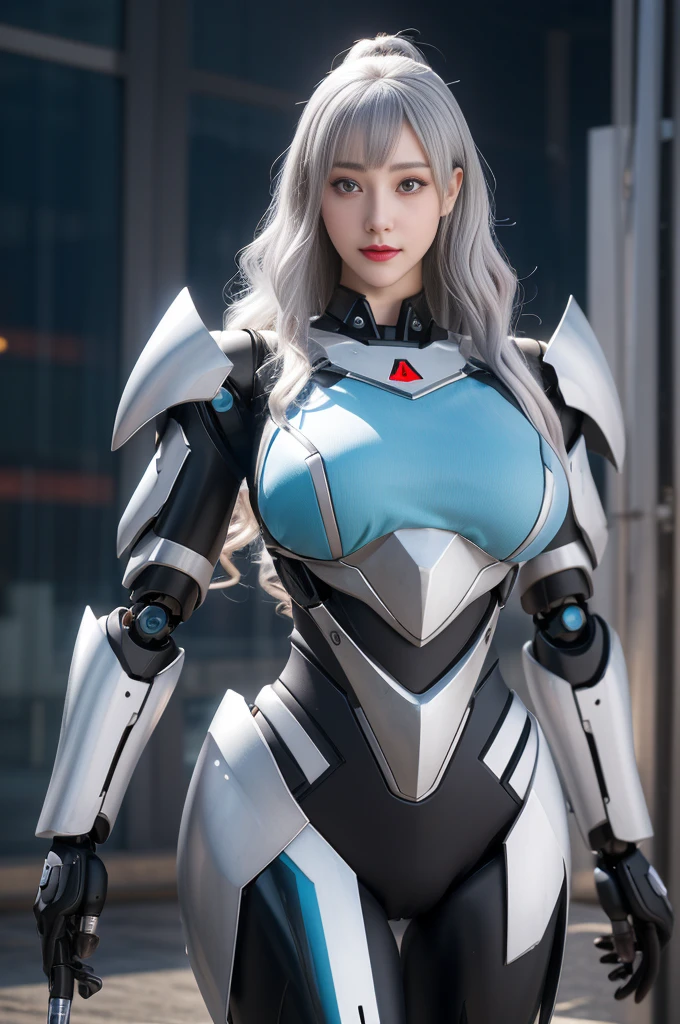 Super Detail, High Detail, high quality, best quality, High resolution，1 female robot，Beautiful female robot,beautiful clear face(Rain waves_haneame：1.5)， Realistic, High resolution, Soft Light,Hips up, (Detailed face), silver hair, long hair, Mecha Maiden, Colorful mechanical parts, mechanical joint, Thick mechanical armor(Highlight breast curves),Weaponry, black metal body, Technology Antenna Hair Accessories