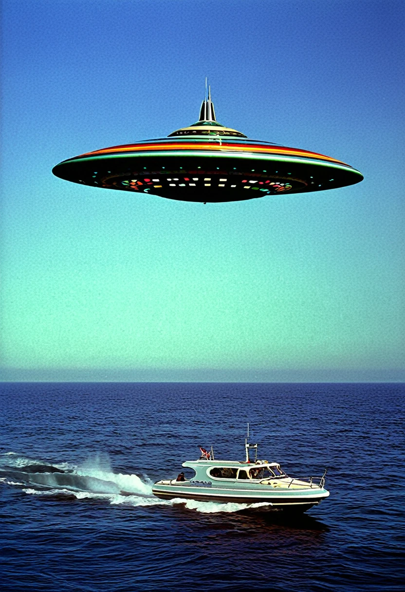 One large multicolor UFO hovering over a calm ocean, "SEA" spelled out in lighted panels on the hull of the craft, style of a 1970s prog rock album cover, style of Boston albums