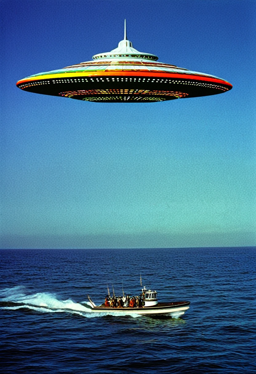 One large multicolor UFO hovering over a calm ocean, "SEA" spelled out in lighted panels on the hull of the craft, style of a 1970s prog rock album cover, style of Boston albums