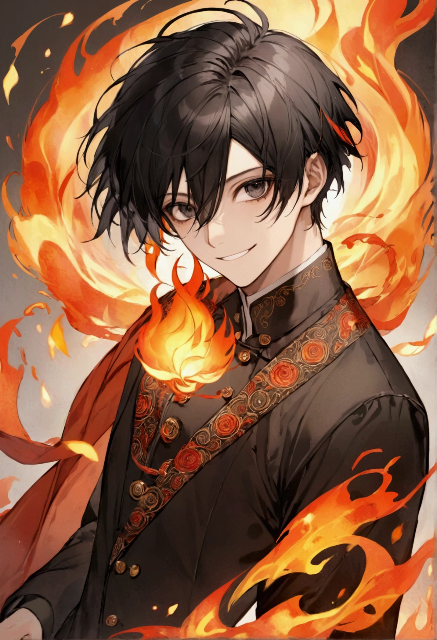 Male, Smiling, Fire Element, Black Hair, Black Eyes
