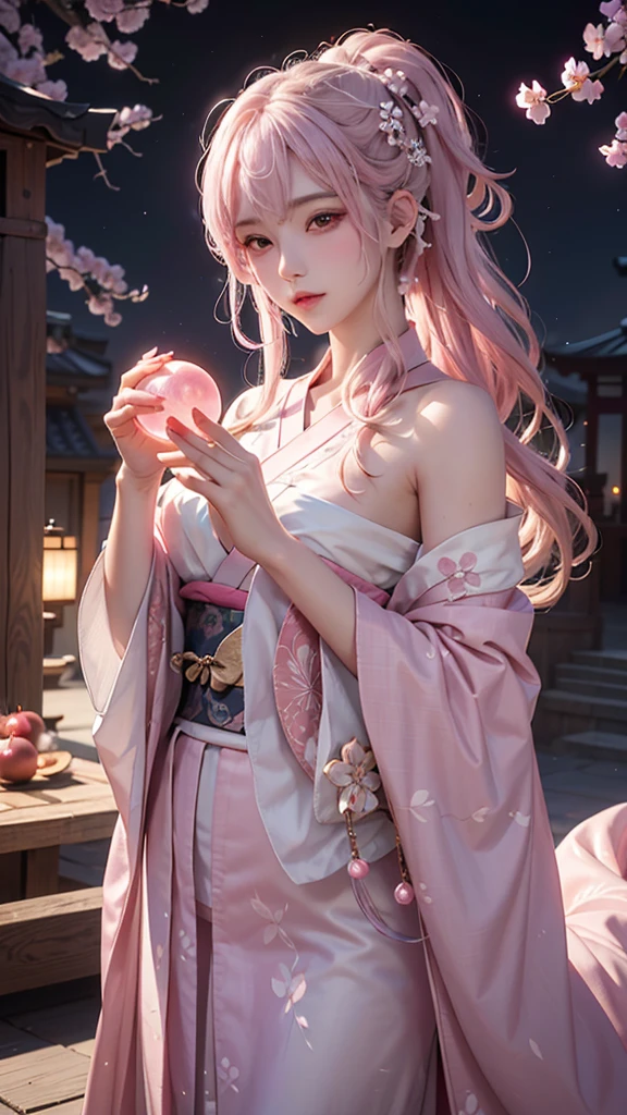 (Holding a glowing crystal ball in both hands)),Positive,Front composition,Upper Body,((Watching the audience)),A hyper-realistic, highly detailed, and high-resolution 16k image of a young, beautiful female ghost or guardian spirit. She has light pink hair and translucent skin, and is dressed in a traditional Japanese kimono with a small cherry blossom design on the obi. The image captures the ethereal beauty and mystique of the spirit world. Beautiful and delicate face,(Pink Moon),mysterious,Cherry Blossoms at Night, Symmetrical, front